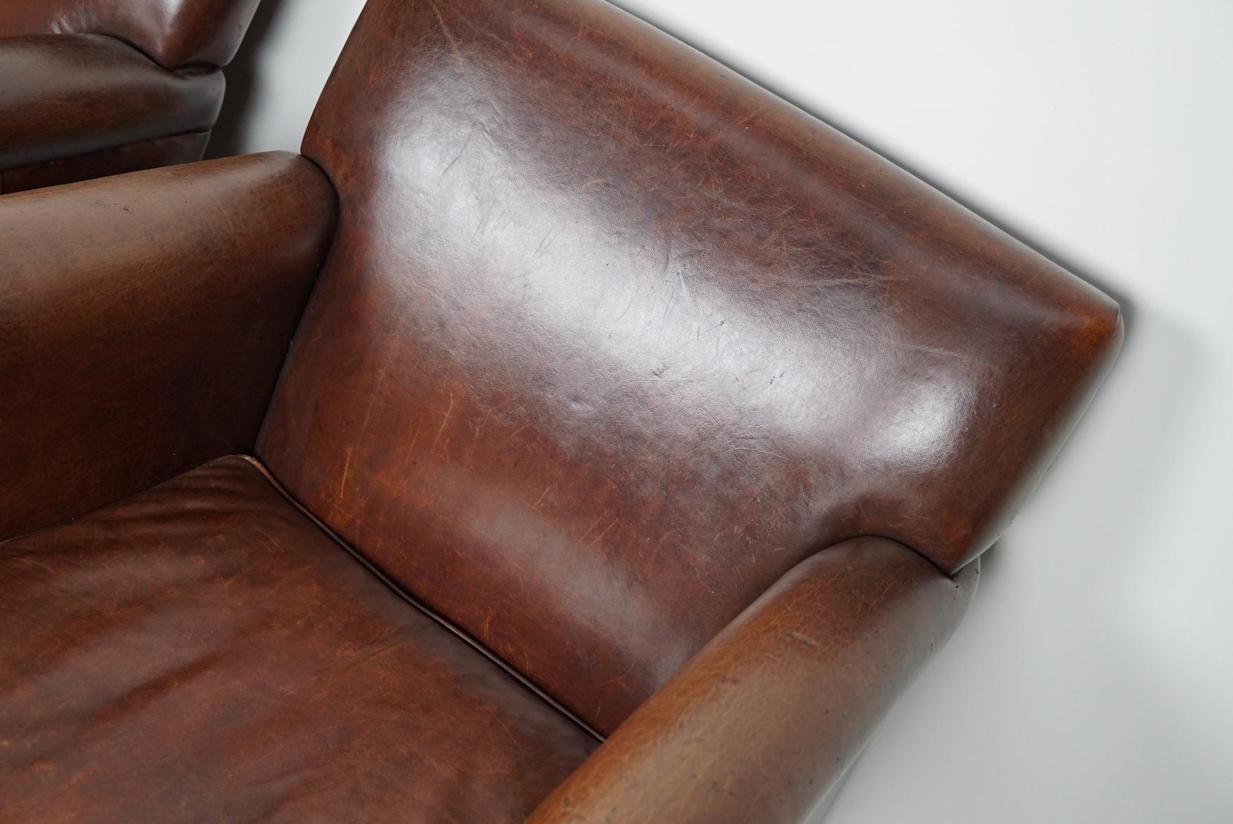 Vintage Dutch Cognac Leather Club Chairs Art Deco Style, Set of 2 14