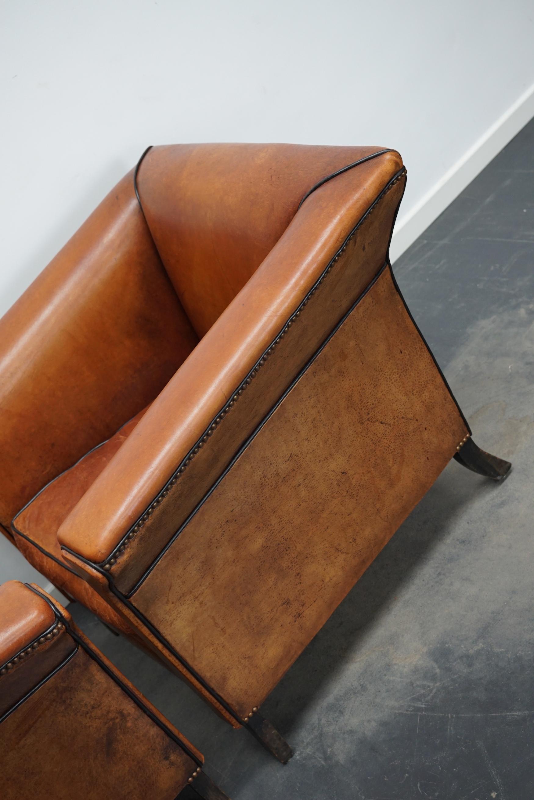 Vintage Dutch Cognac Leather Club Chairs Art Deco Style, Set of 2 13