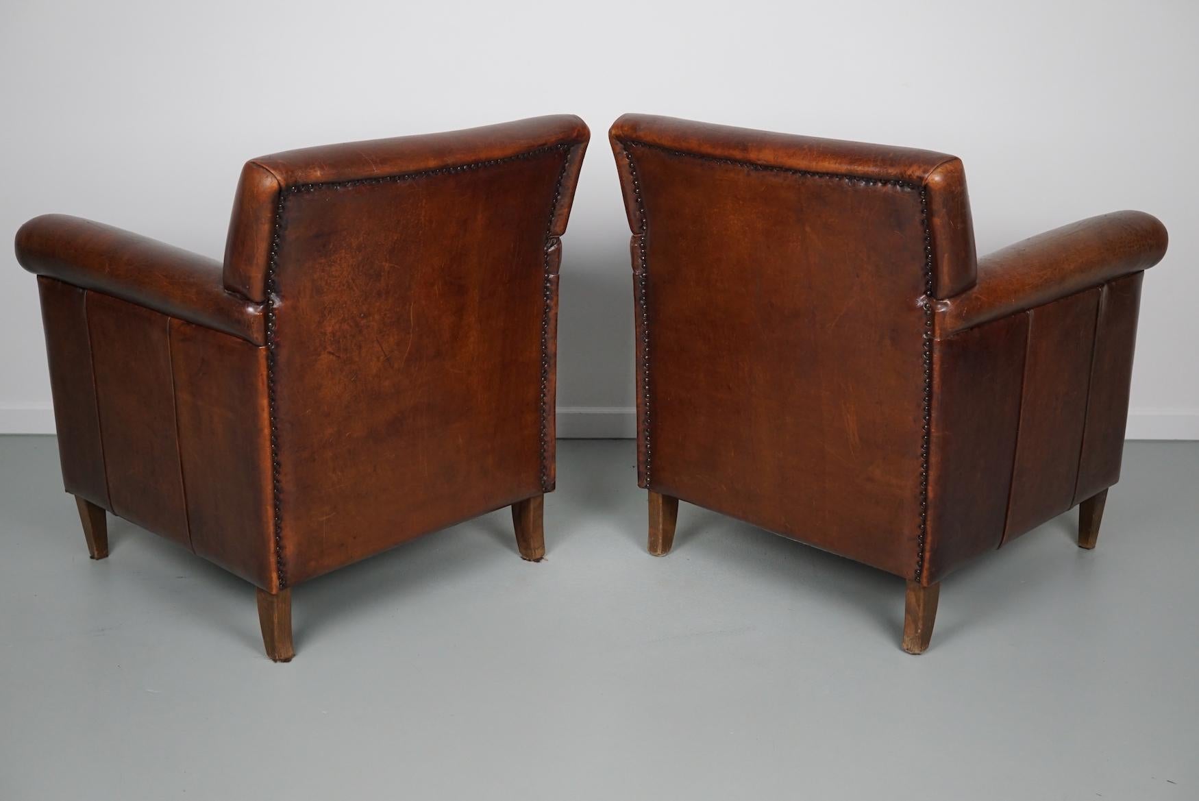 Vintage Dutch Cognac Leather Club Chairs Art Deco Style, Set of 2 15