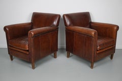 Vintage Dutch Cognac Leather Club Chairs Art Deco Style, Set of 2