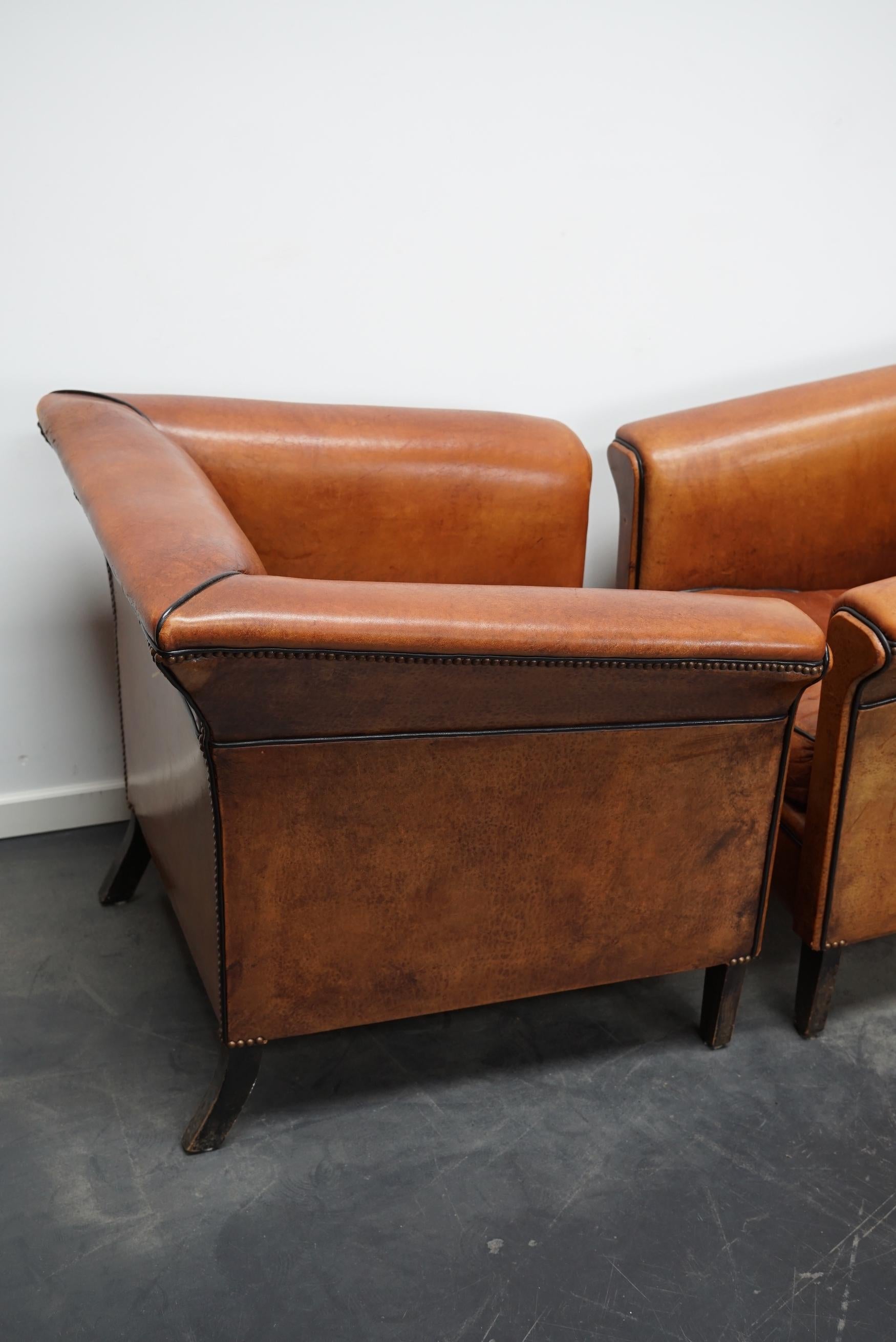 Vintage Dutch Cognac Leather Club Chairs Art Deco Style, Set of 2 14
