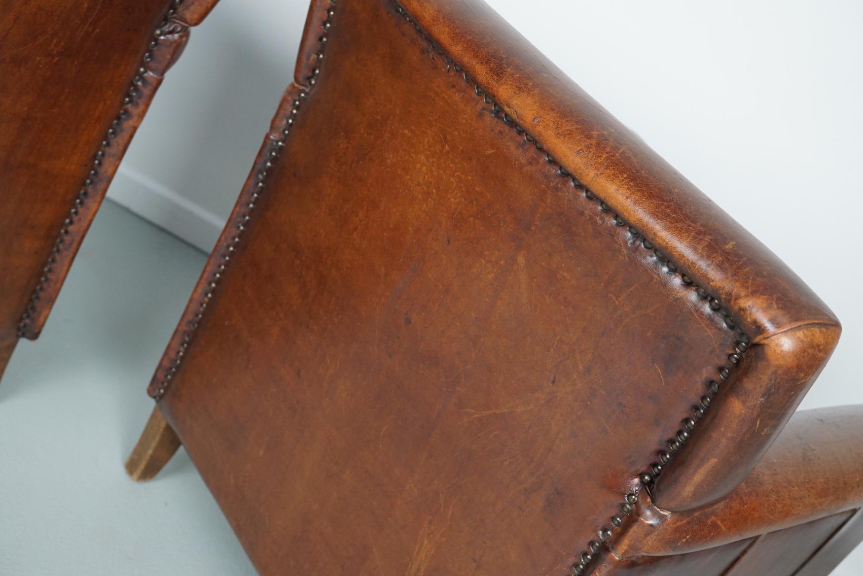 Vintage Dutch Cognac Leather Club Chairs Art Deco Style, Set of 2 16