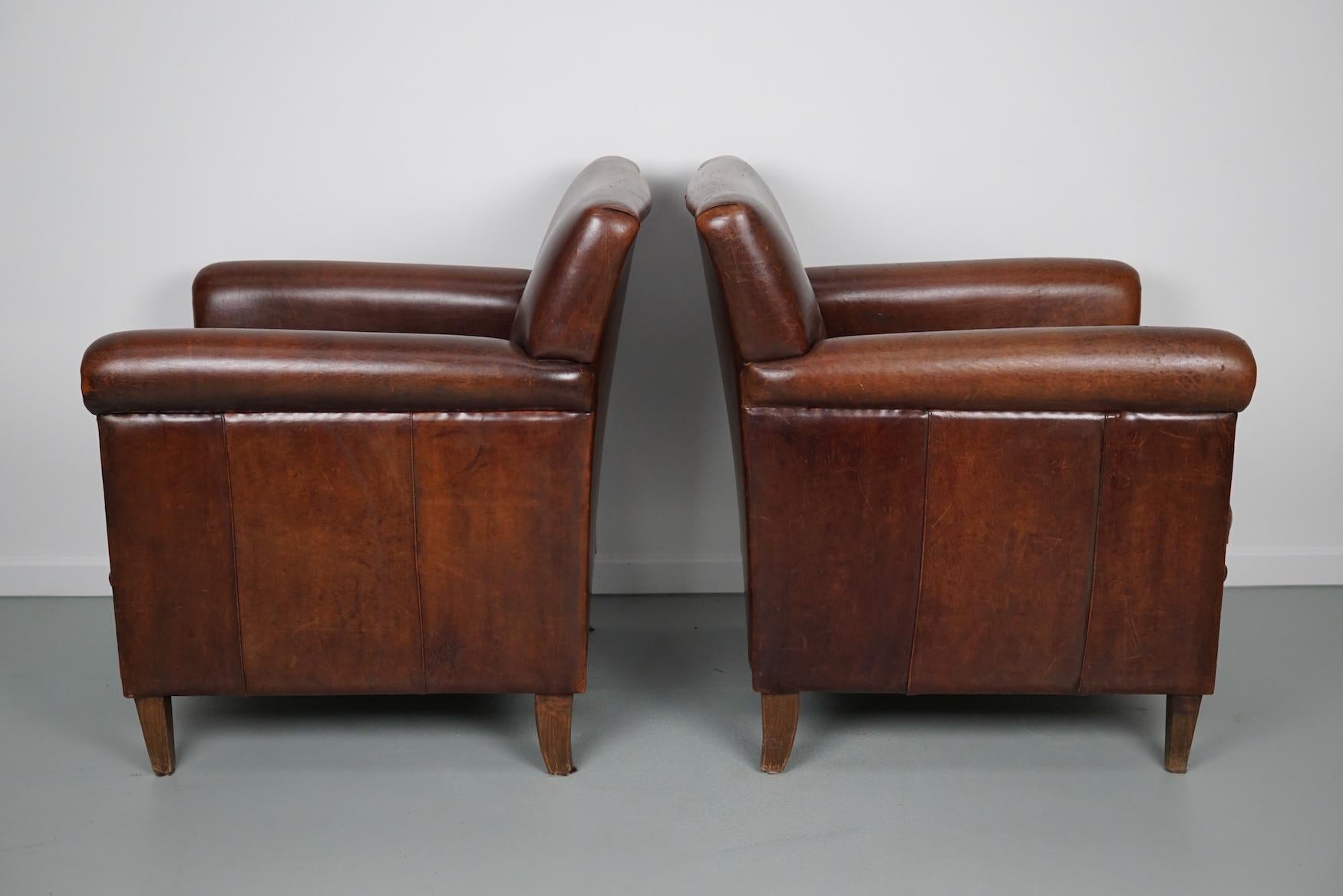 Vintage Dutch Cognac Leather Club Chairs Art Deco Style, Set of 2 In Good Condition In Nijmegen, NL