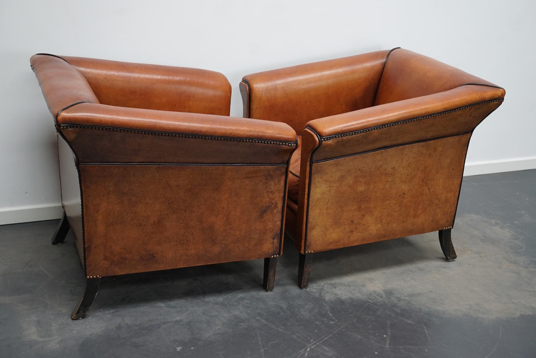 Industrial Vintage Dutch Cognac Leather Club Chairs Art Deco Style, Set of 2