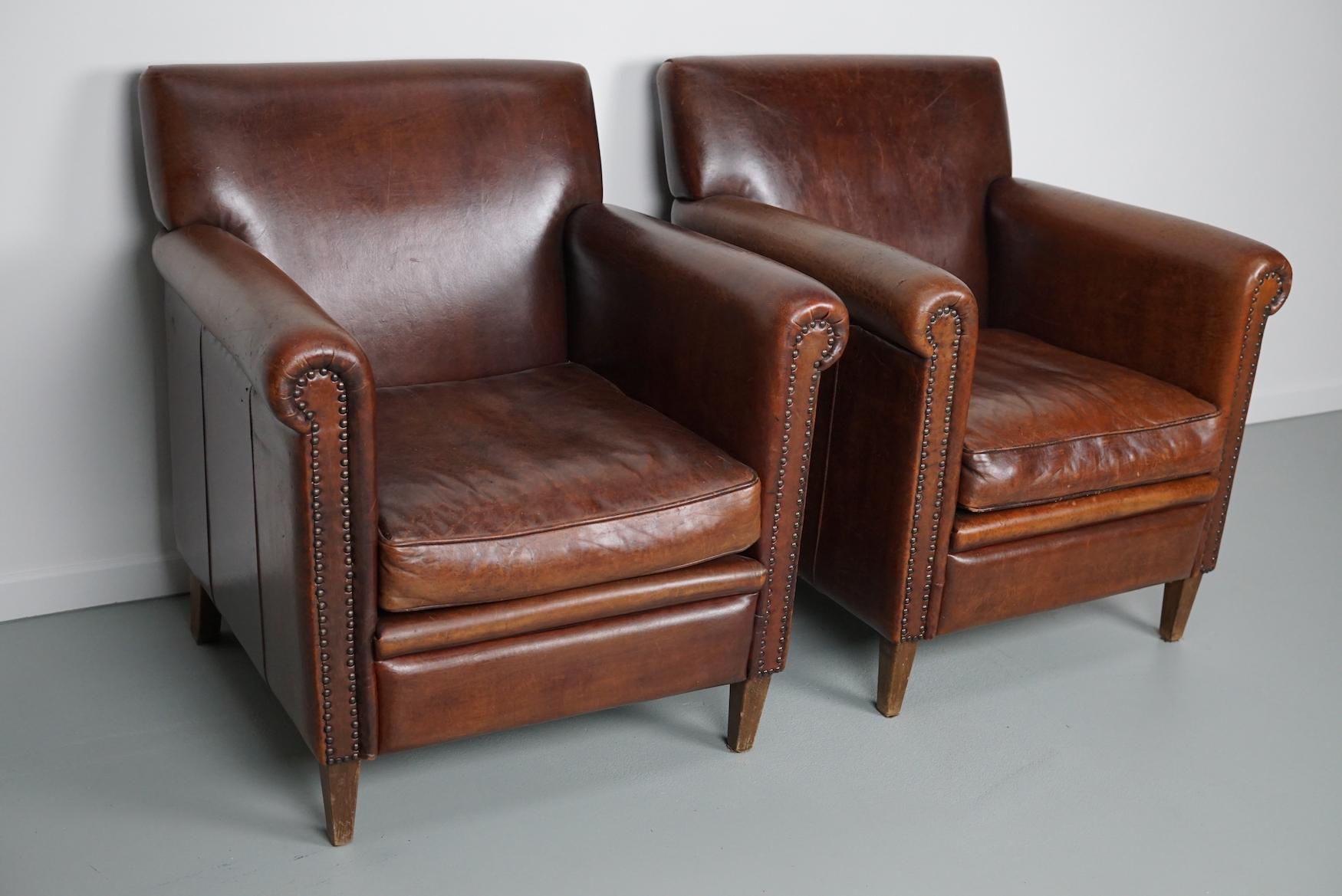 Late 20th Century Vintage Dutch Cognac Leather Club Chairs Art Deco Style, Set of 2