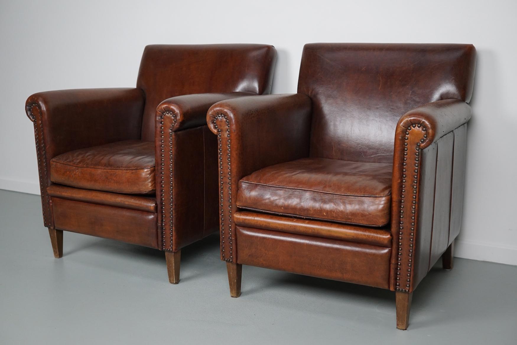 Vintage Dutch Cognac Leather Club Chairs Art Deco Style, Set of 2 1