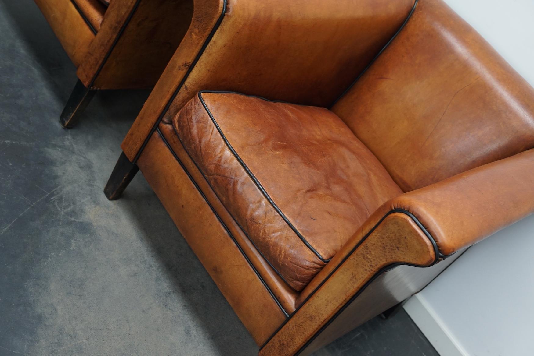 Late 20th Century Vintage Dutch Cognac Leather Club Chairs Art Deco Style, Set of 2