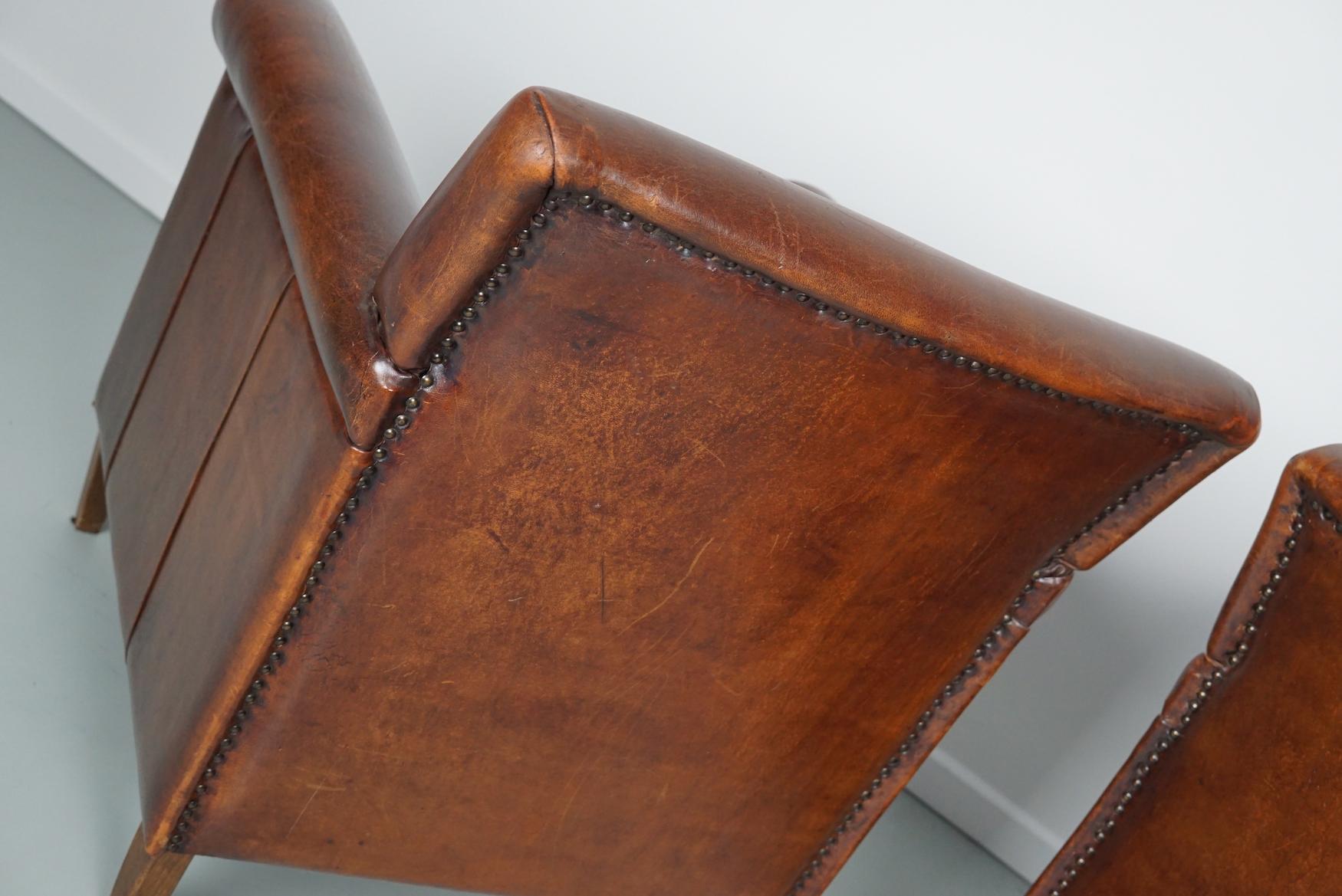 Vintage Dutch Cognac Leather Club Chairs Art Deco Style, Set of 2 2