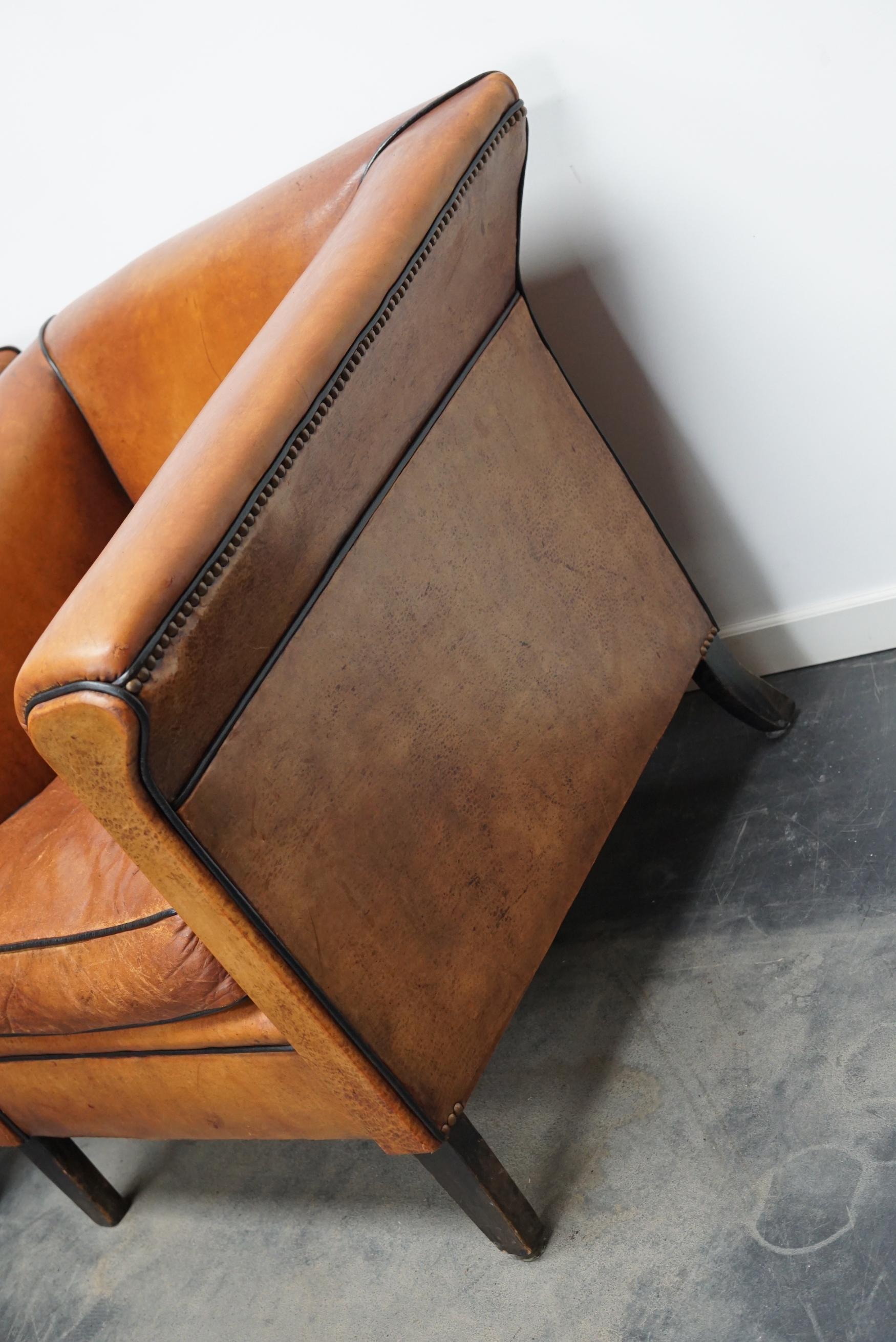 Vintage Dutch Cognac Leather Club Chairs Art Deco Style, Set of 2 1