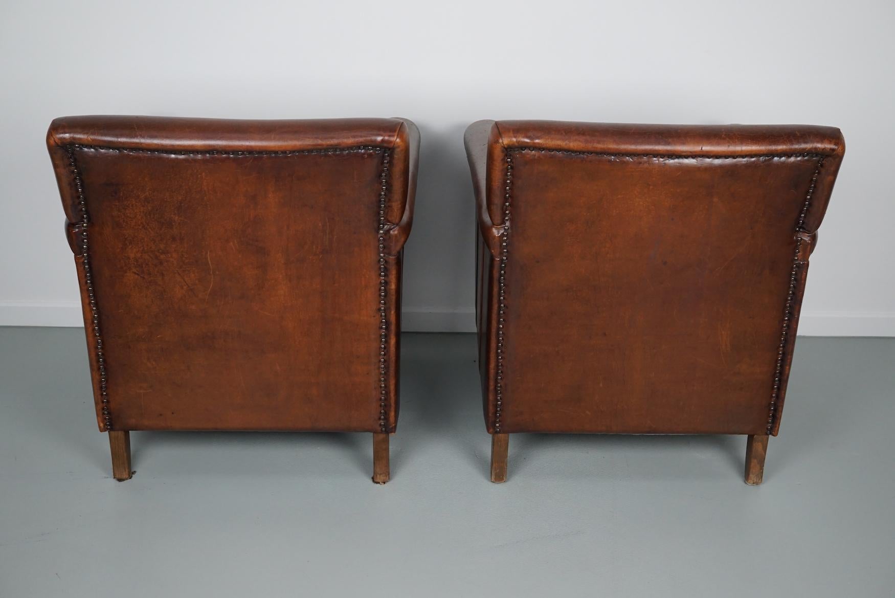Vintage Dutch Cognac Leather Club Chairs Art Deco Style, Set of 2 3