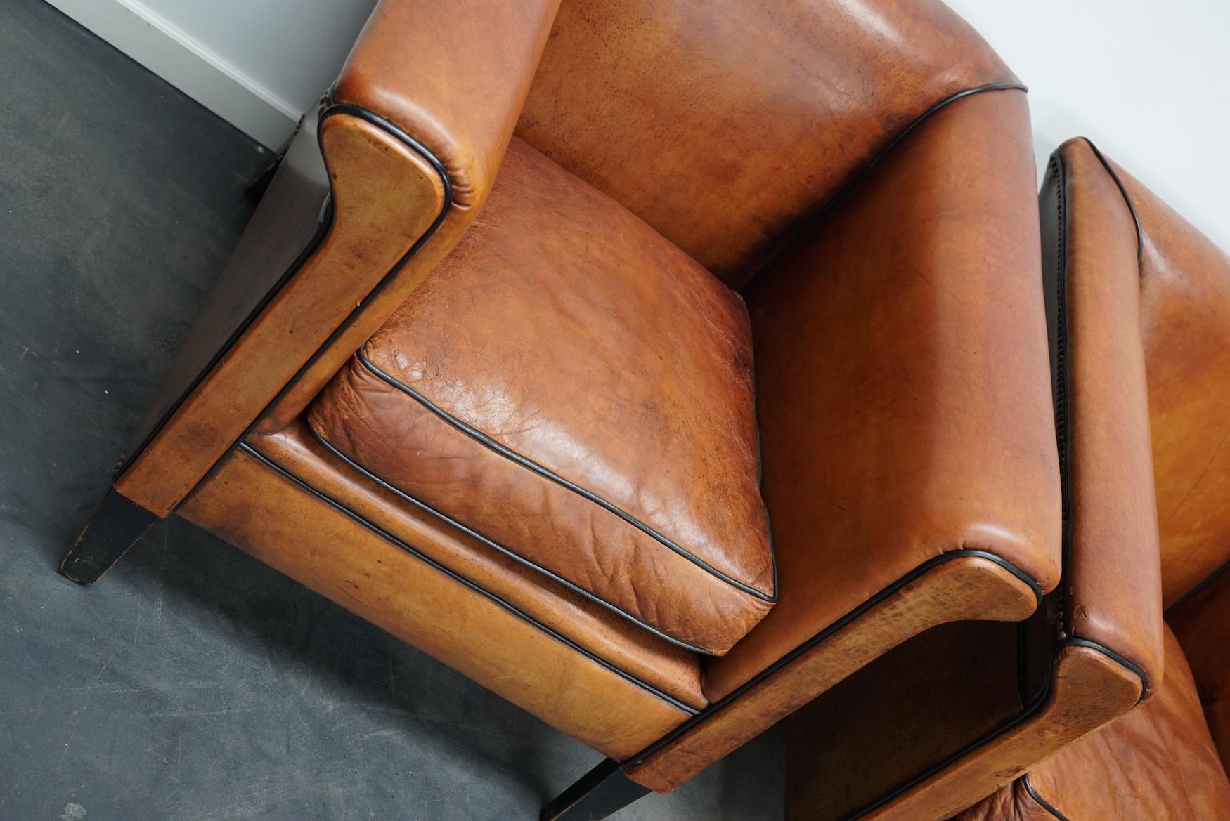 Vintage Dutch Cognac Leather Club Chairs Art Deco Style, Set of 2 2