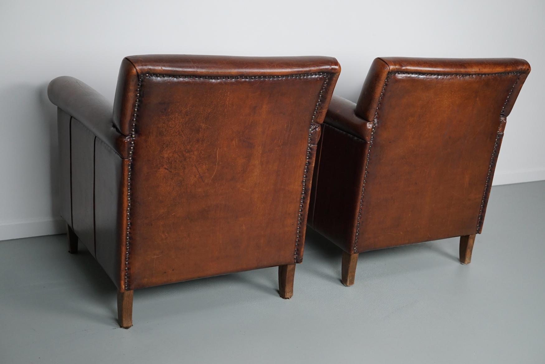 Vintage Dutch Cognac Leather Club Chairs Art Deco Style, Set of 2 4