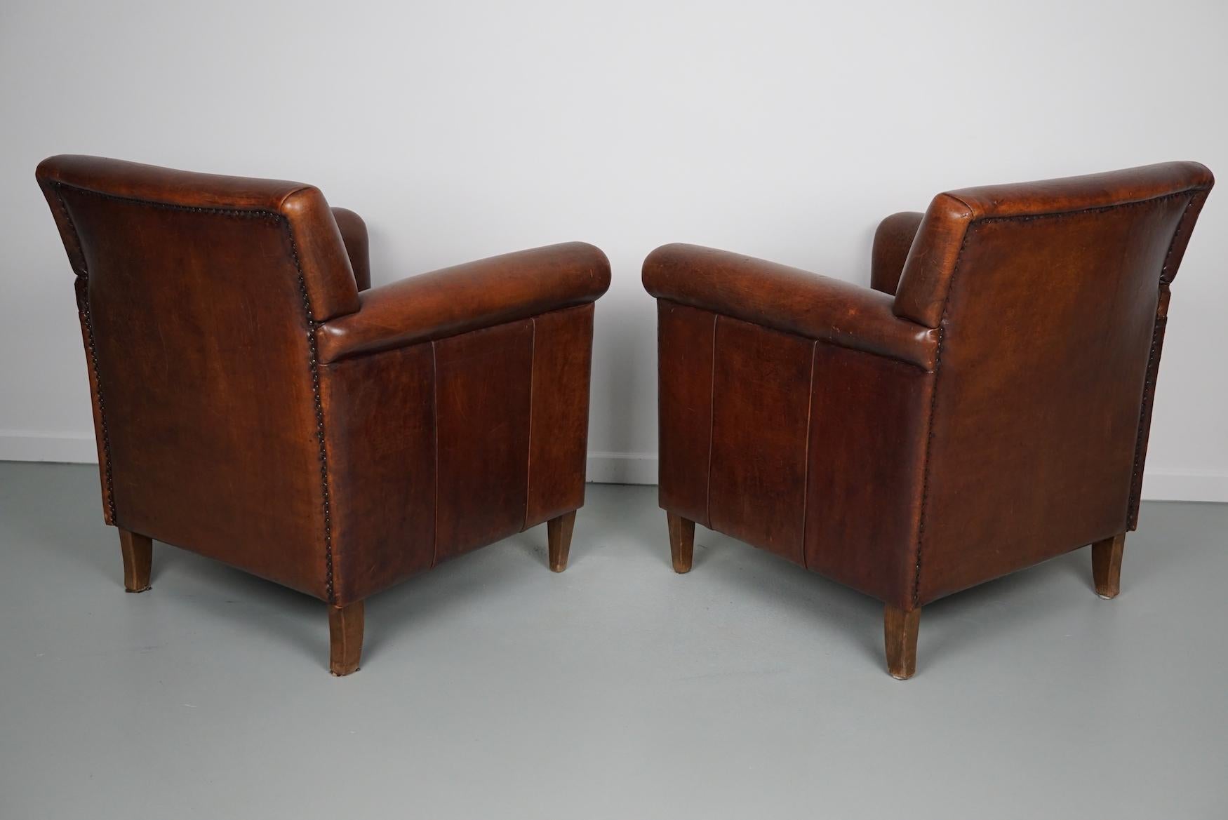 Vintage Dutch Cognac Leather Club Chairs Art Deco Style, Set of 2 5