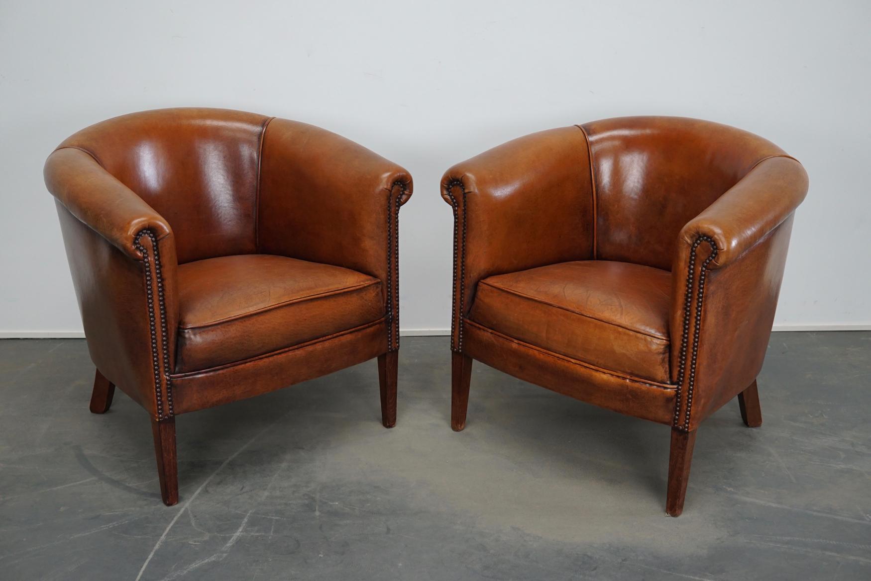 Vintage Dutch Cognac Leather Club Chairs, Set of 2 5