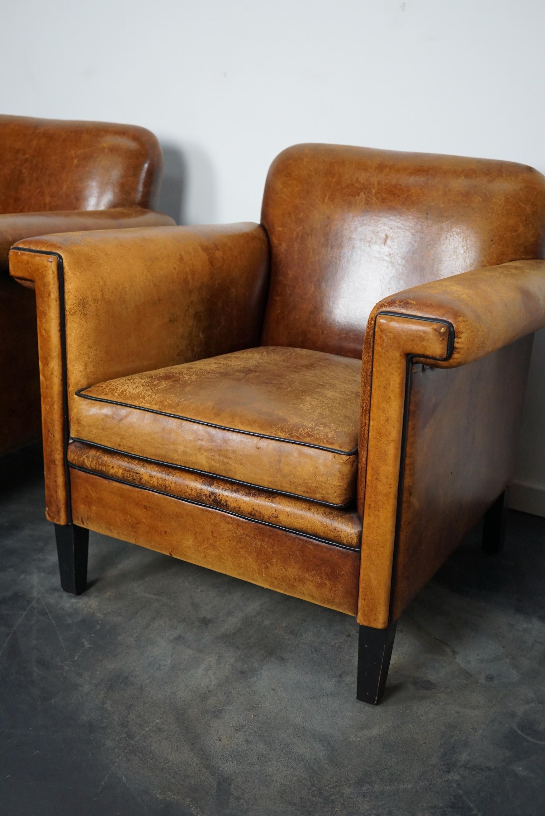Vintage Dutch Cognac Leather Club Chairs, Set of 2 5