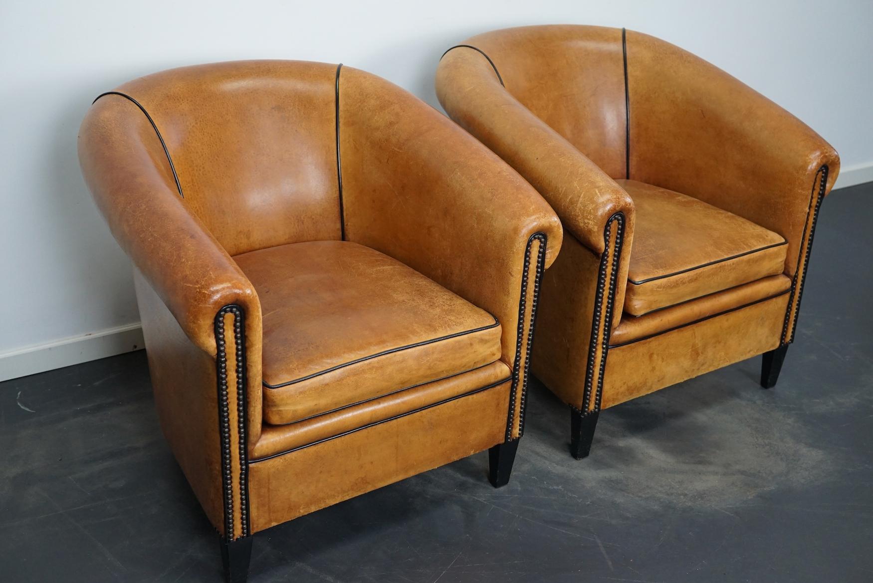 Vintage Dutch Cognac Leather Club Chairs, Set of 2 7