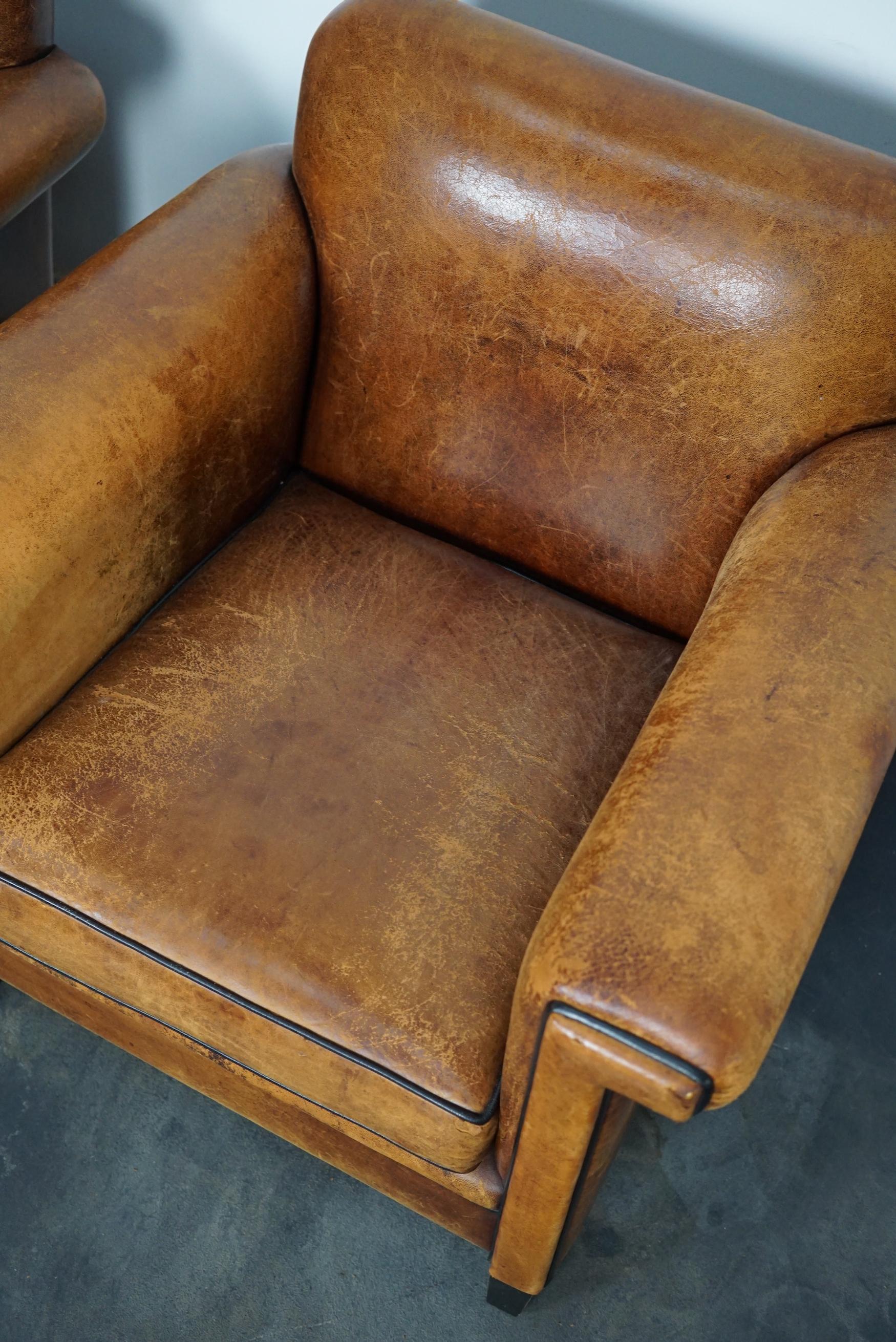 Vintage Dutch Cognac Leather Club Chairs, Set of 2 7