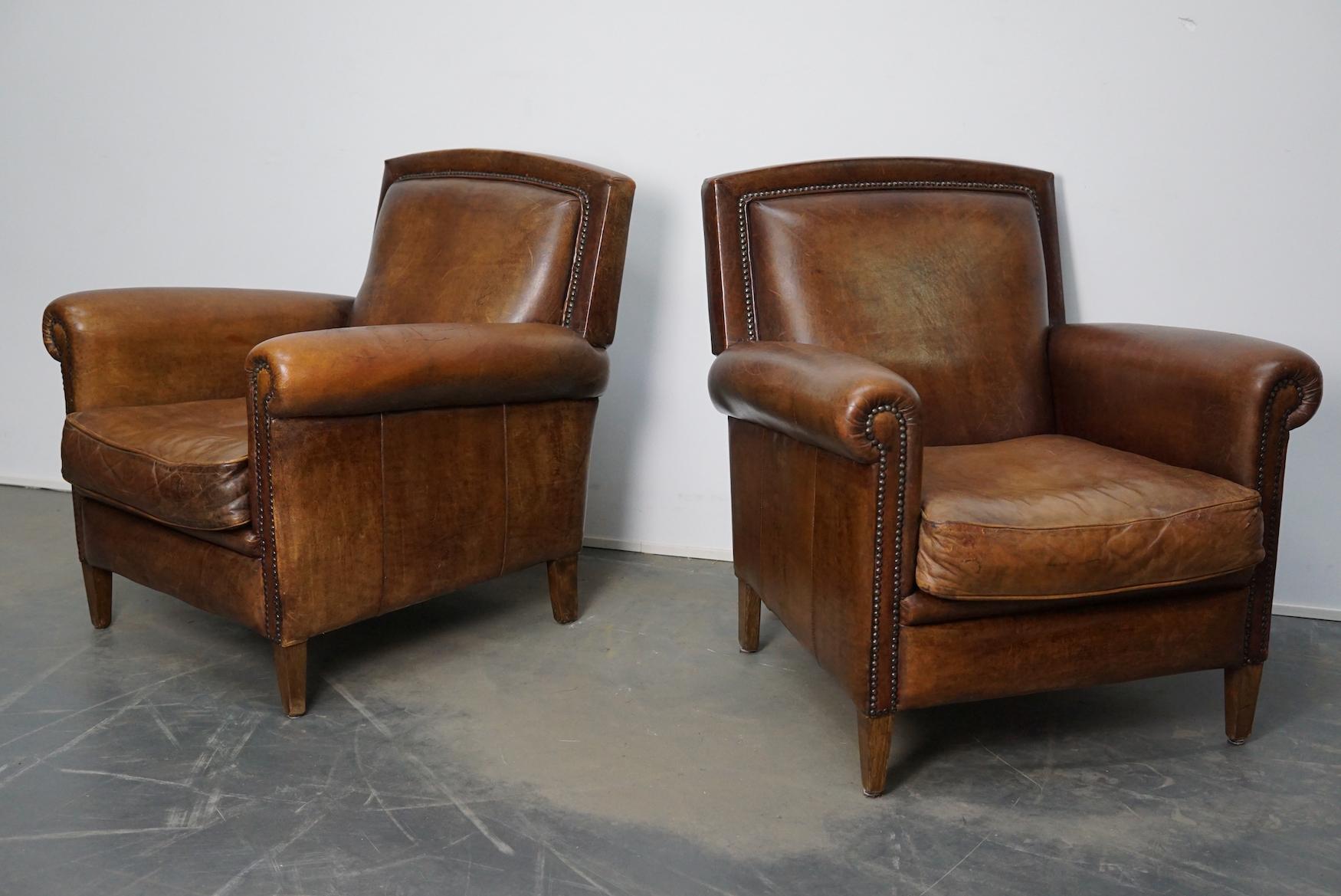 Vintage Dutch Cognac Leather Club Chairs, Set of 2 5