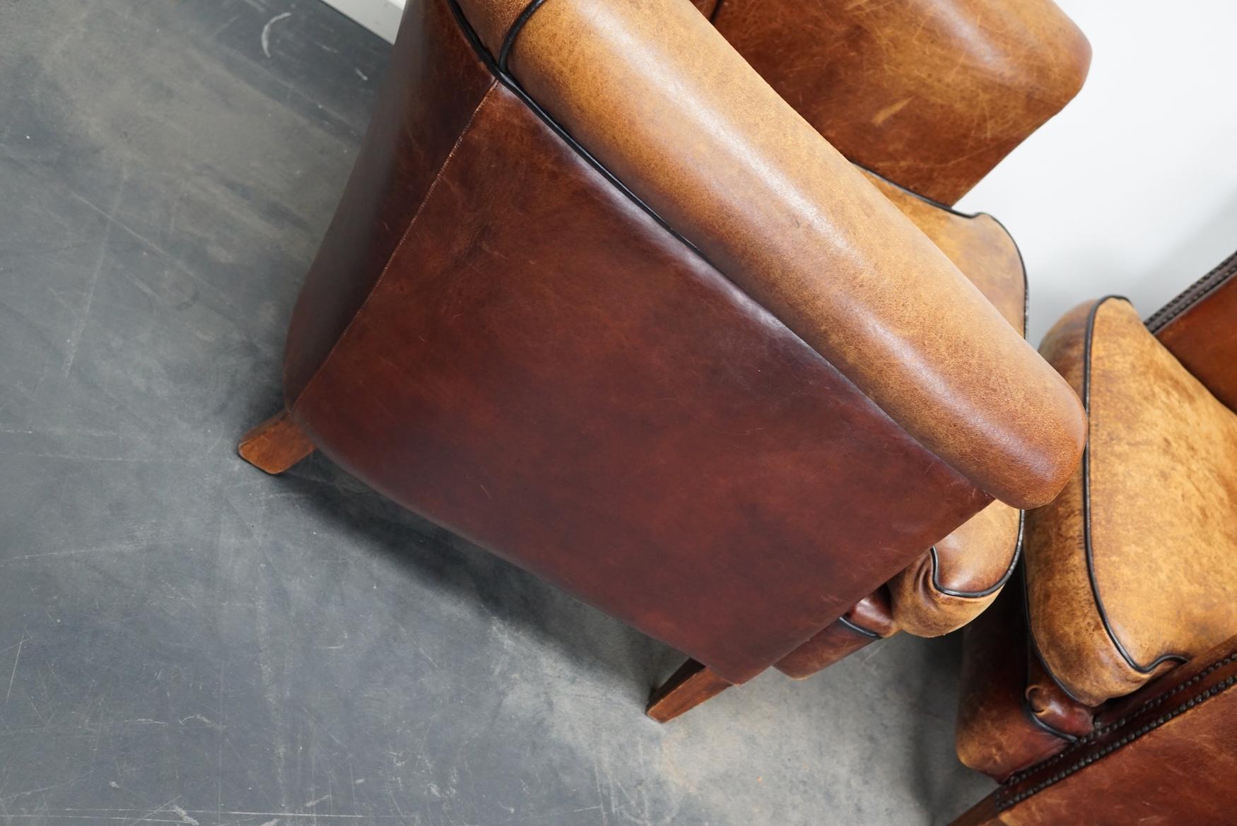 Vintage Dutch Cognac Leather Club Chairs, Set of 2 7