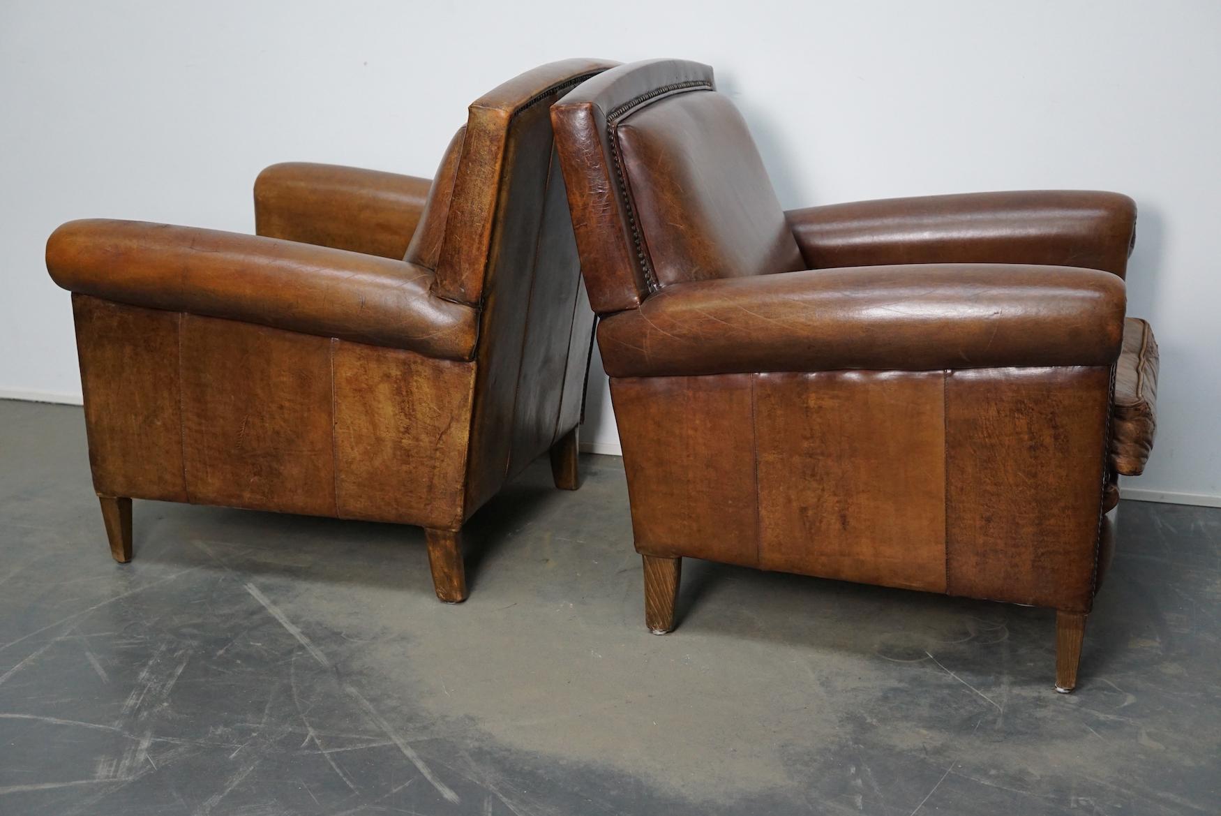 Vintage Dutch Cognac Leather Club Chairs, Set of 2 7