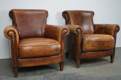 Vintage Dutch Cognac Leather Club Chairs, Set of 2