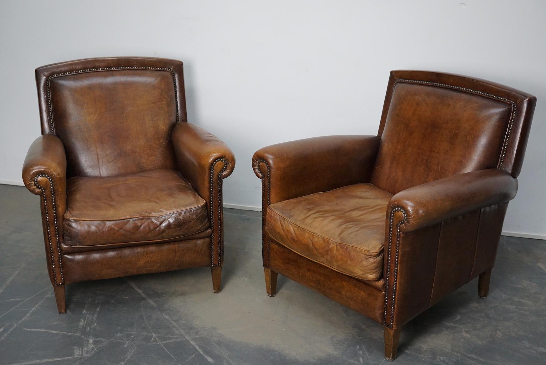 Vintage Dutch Cognac Leather Club Chairs, Set of 2 12