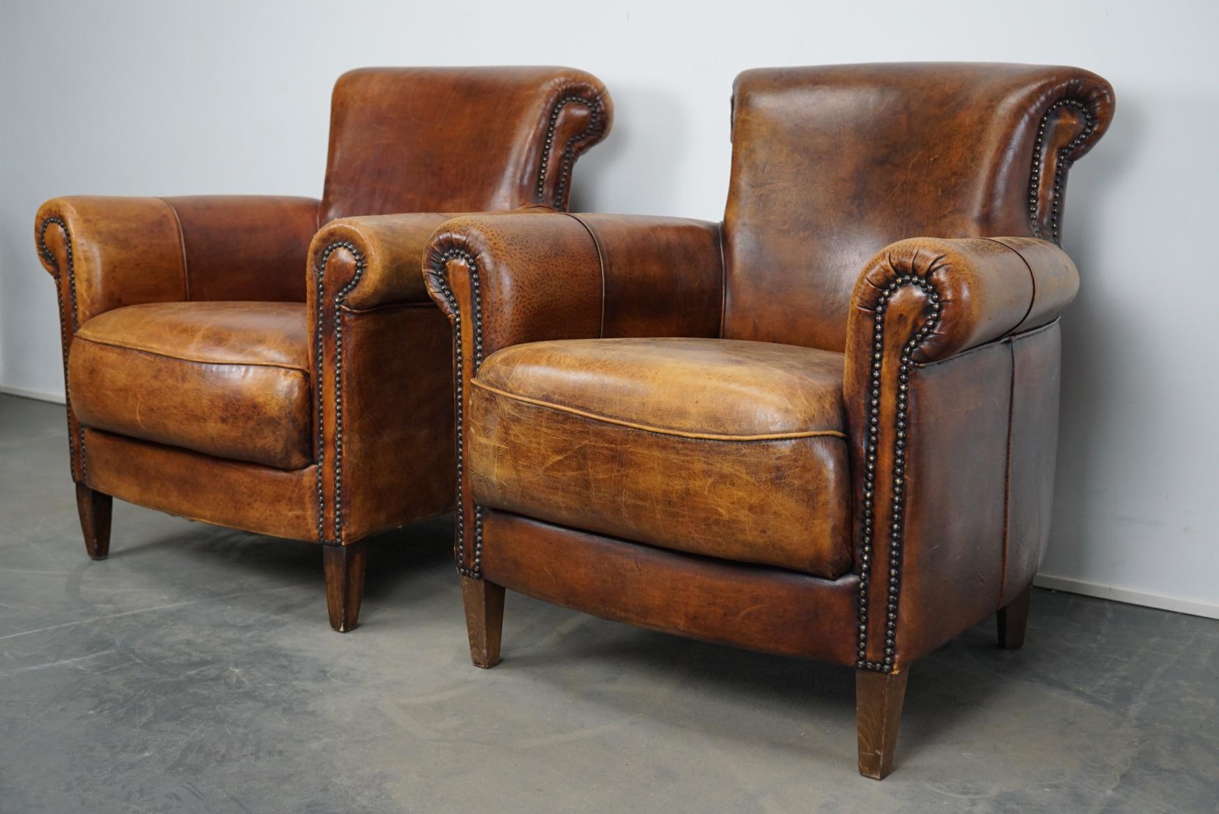 Industrial Vintage Dutch Cognac Leather Club Chairs, Set of 2
