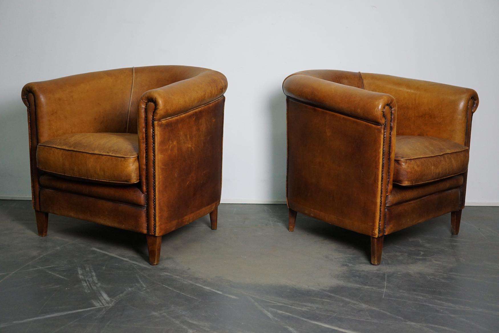 Industrial Vintage Dutch Cognac Leather Club Chairs, Set of 2