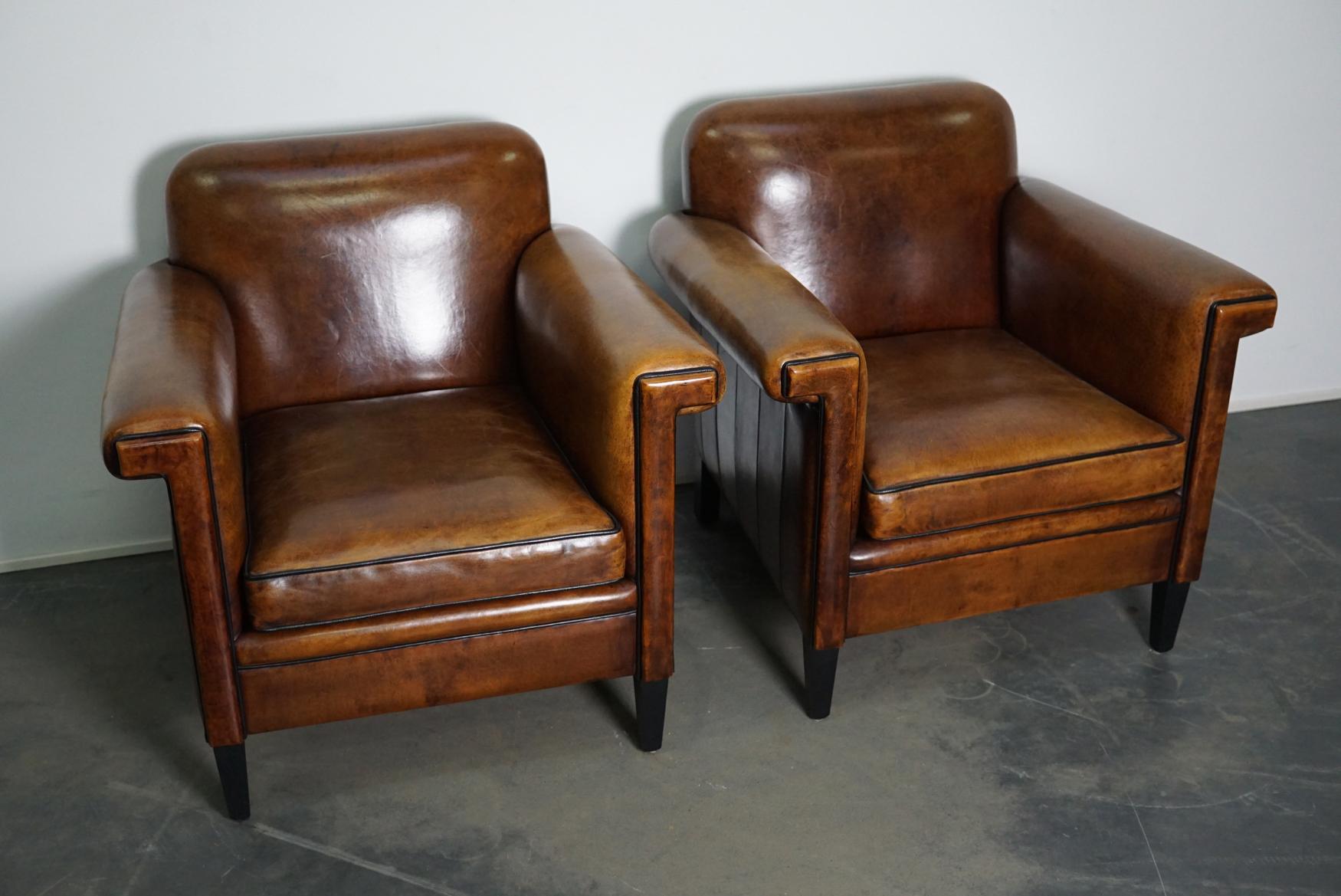 Art Deco Vintage Dutch Cognac Leather Club Chairs, Set of 2