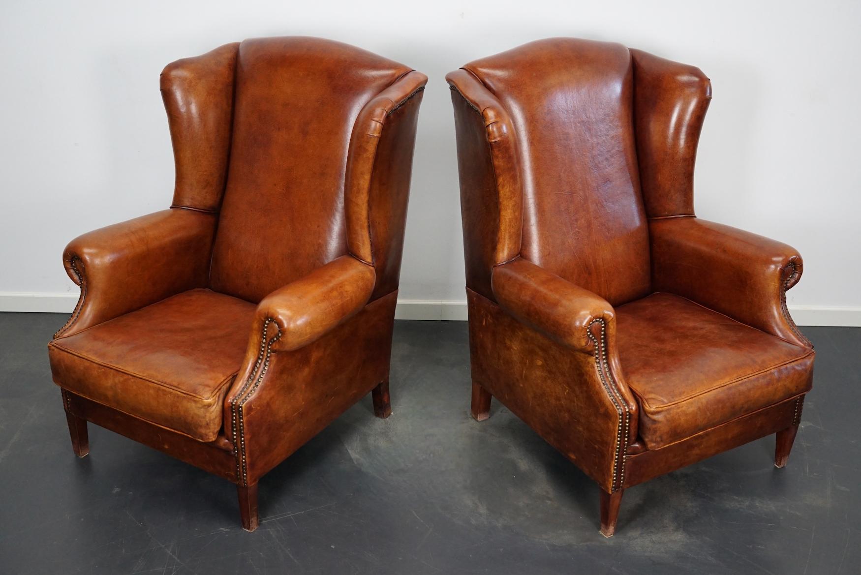 Industrial Vintage Dutch Cognac Leather Club Chairs, Set of 2 