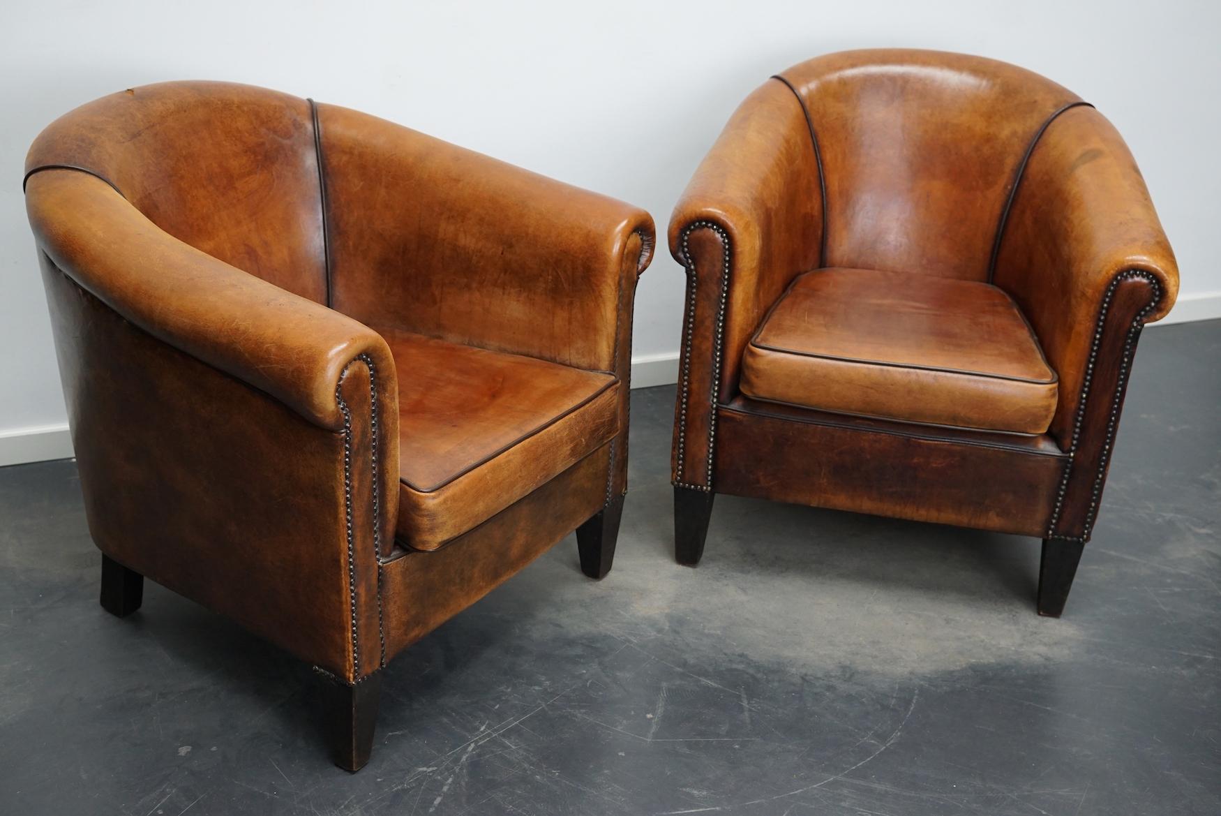 Industrial Vintage Dutch Cognac Leather Club Chairs, Set of 2