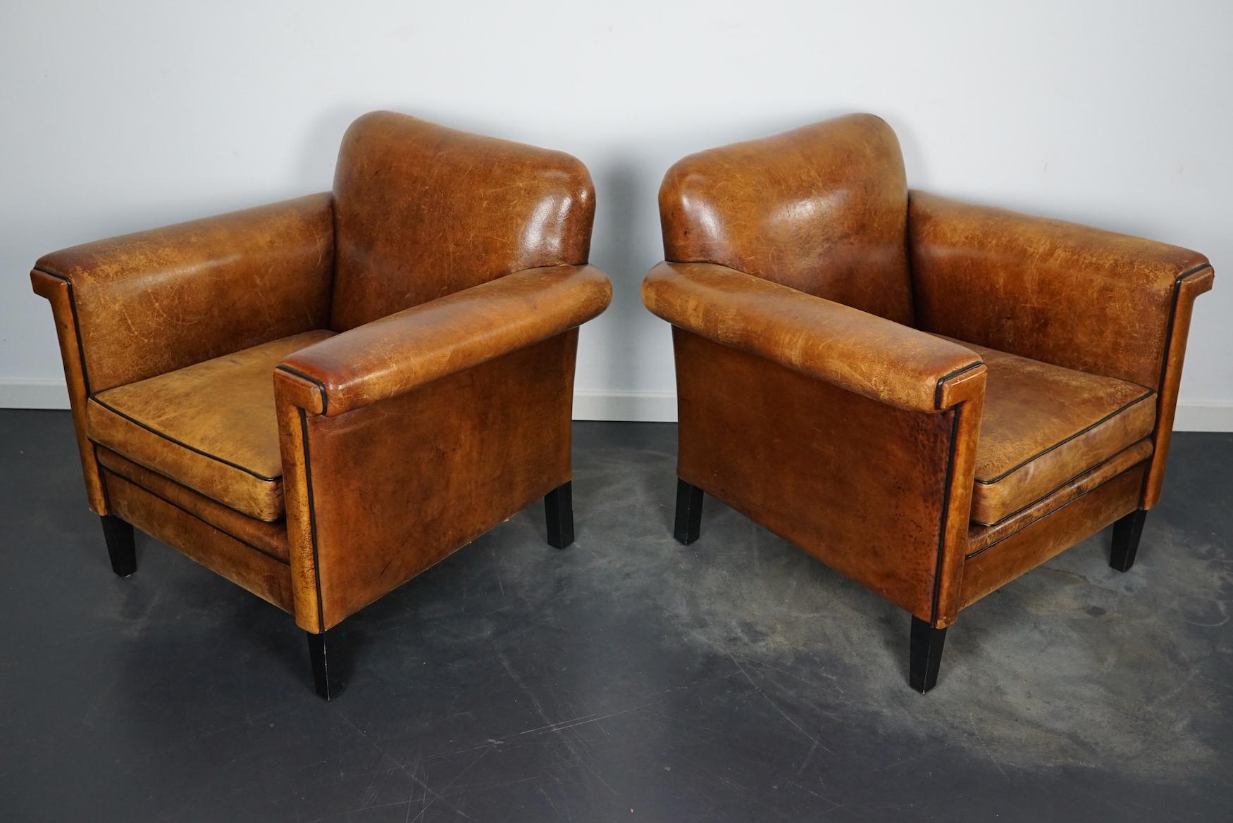 Vintage Dutch Cognac Leather Club Chairs, Set of 2 In Good Condition In Nijmegen, NL