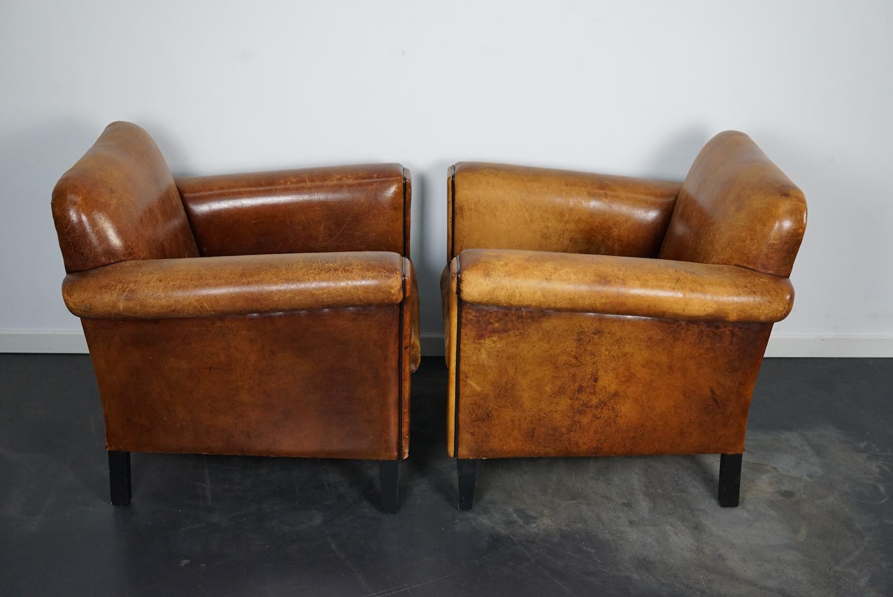 Late 20th Century Vintage Dutch Cognac Leather Club Chairs, Set of 2