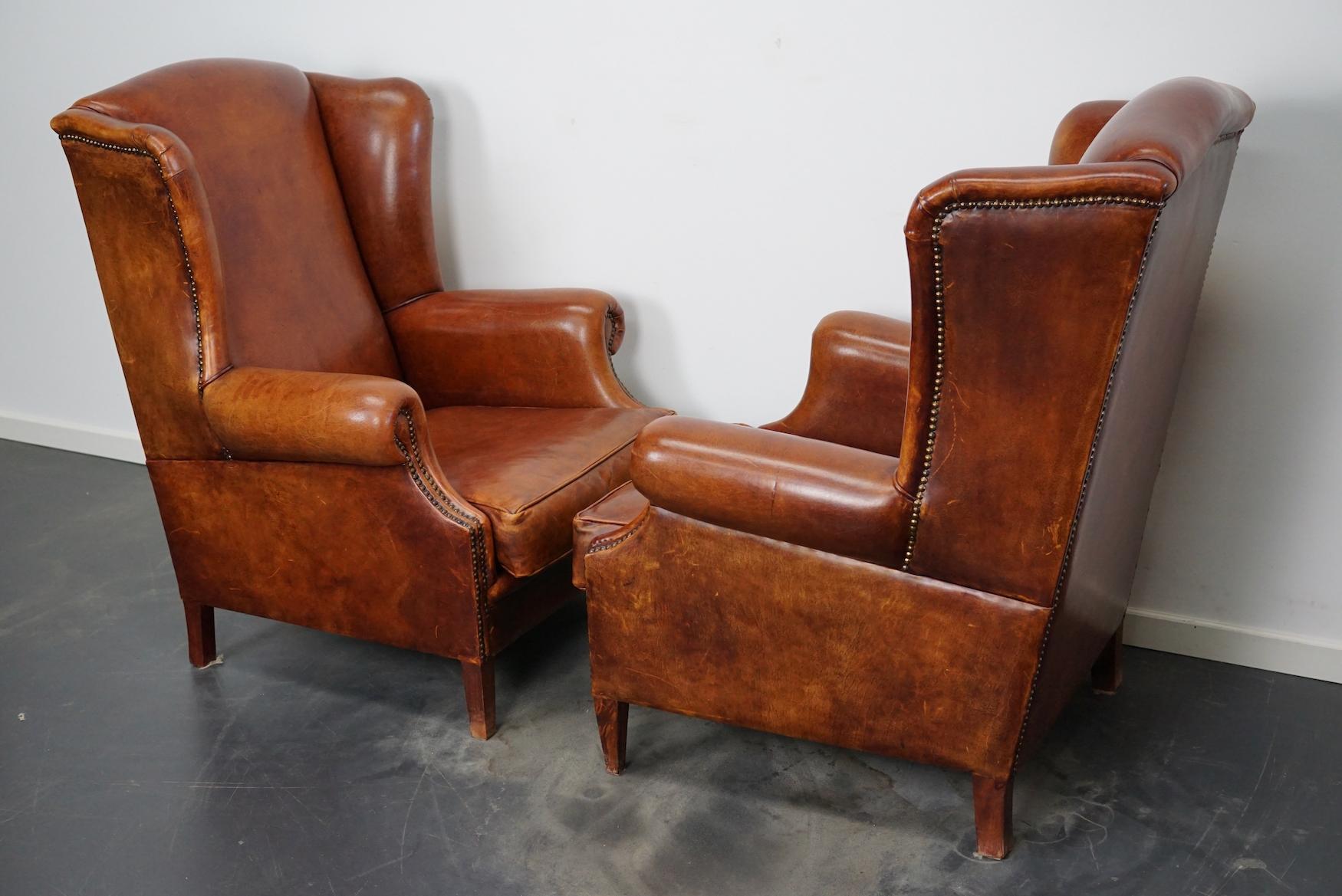 Vintage Dutch Cognac Leather Club Chairs, Set of 2  1