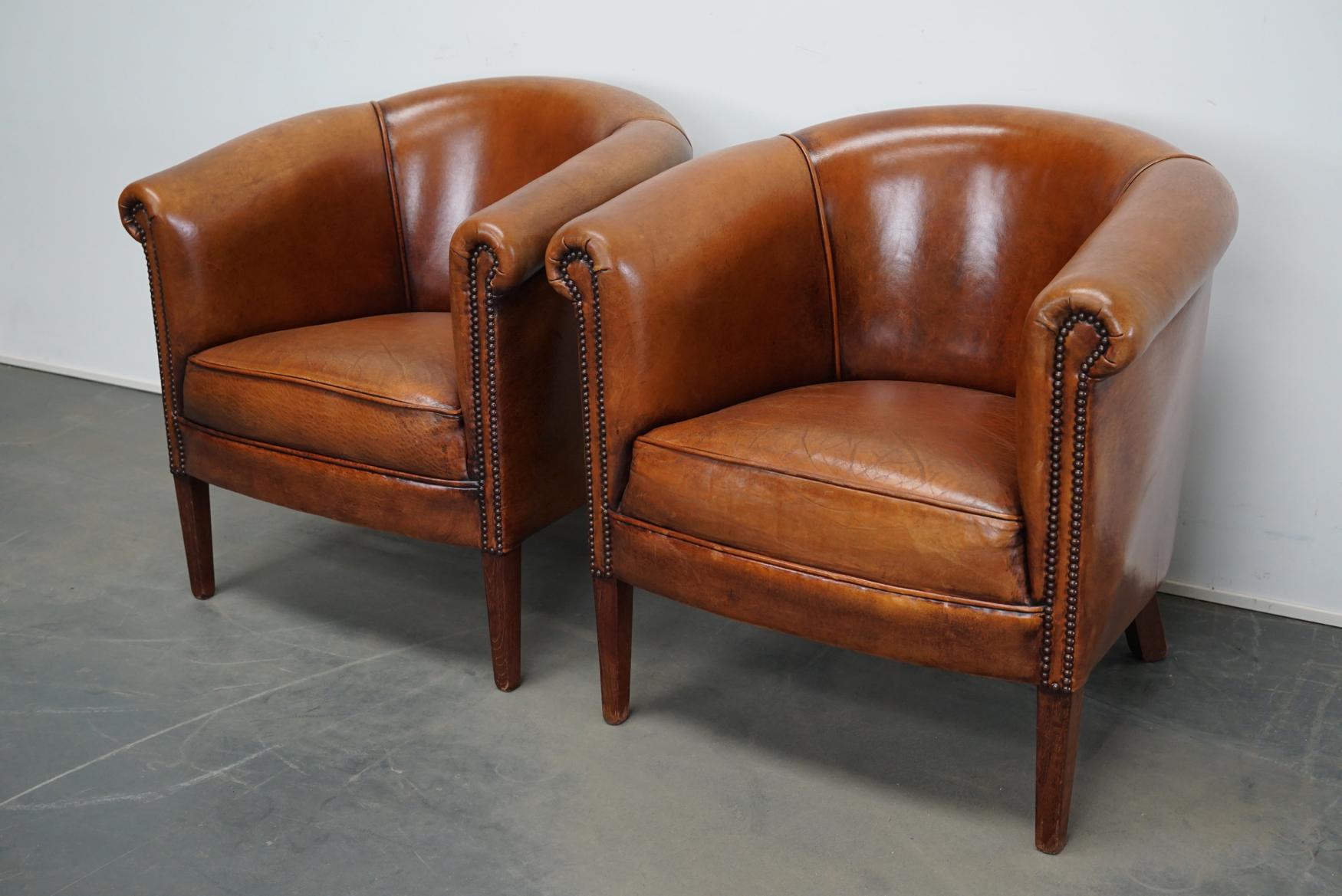 Vintage Dutch Cognac Leather Club Chairs, Set of 2 3