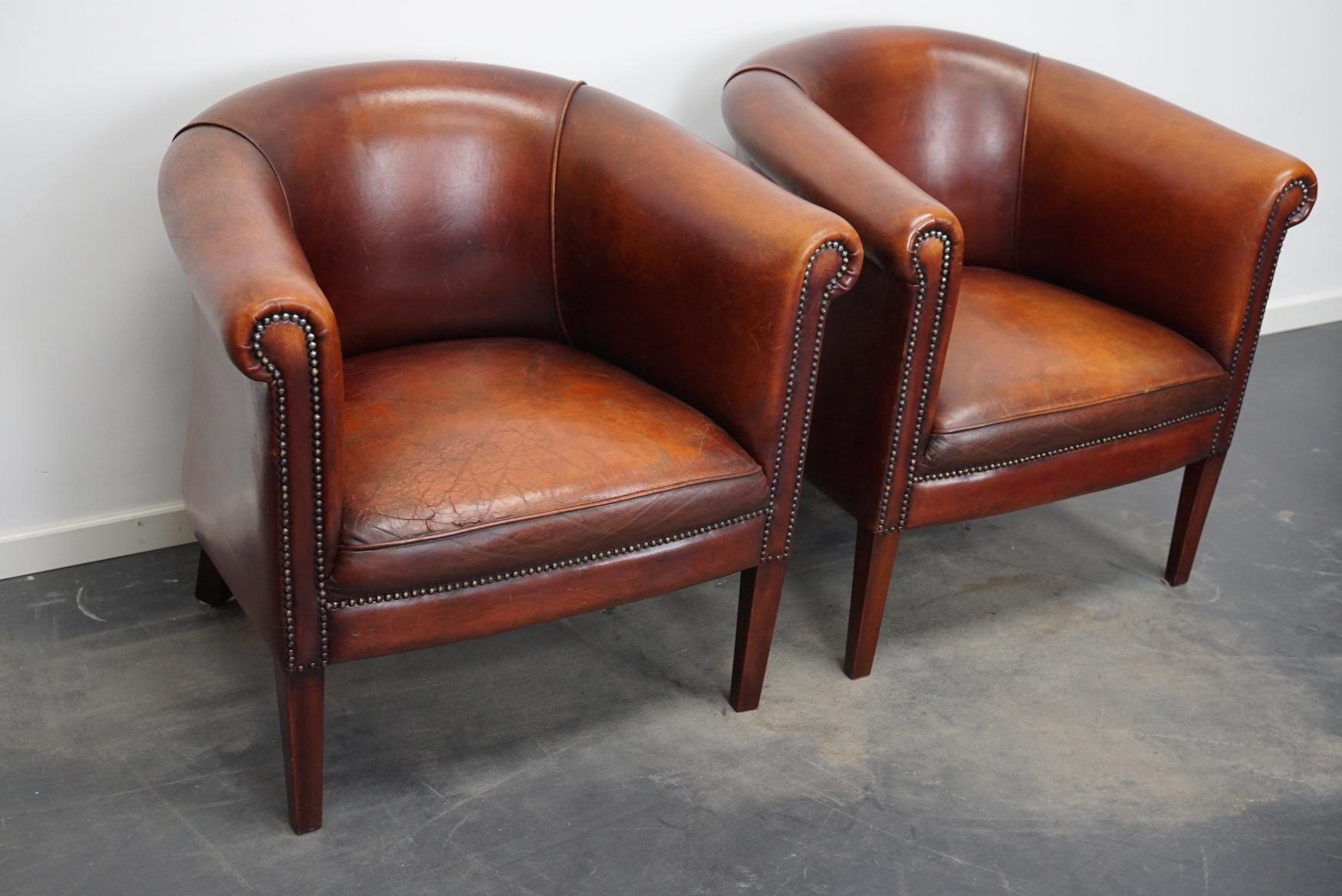 Vintage Dutch Cognac Leather Club Chairs, Set of 2 3