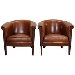 Vintage Dutch Cognac Leather Club Chairs, Set of 2