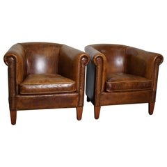 Vintage Dutch Cognac Leather Club Chairs, Set of 2