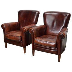 Vintage Dutch Cognac Leather Club Chairs, Set of 2