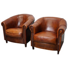 Fauteuils club néerlandais vintage en cuir cognac, lot de 2