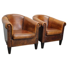 Vintage Dutch Cognac Leather Club Chairs, Set of 2