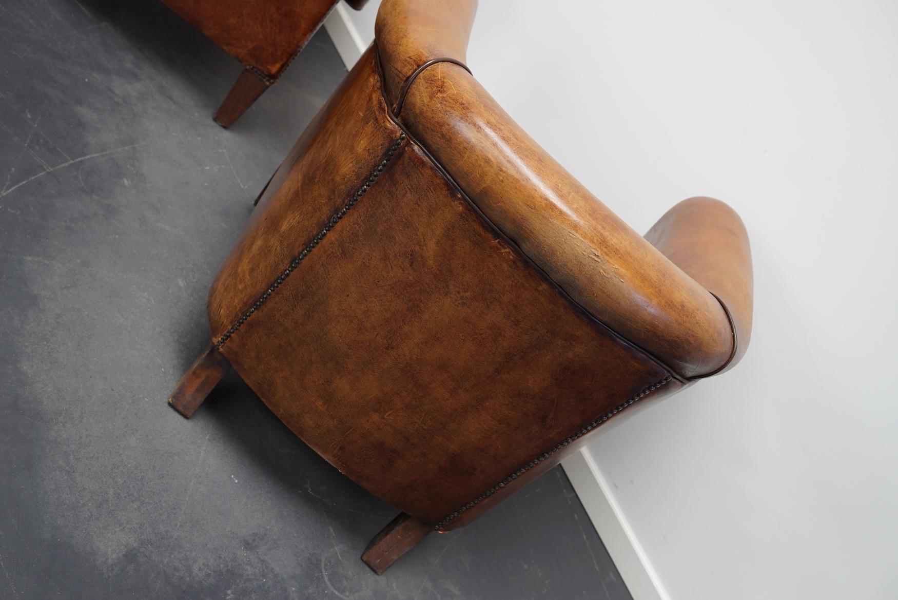 Vintage Dutch Cognac Leather Club Chairs, Set of 2 with Footstool 8