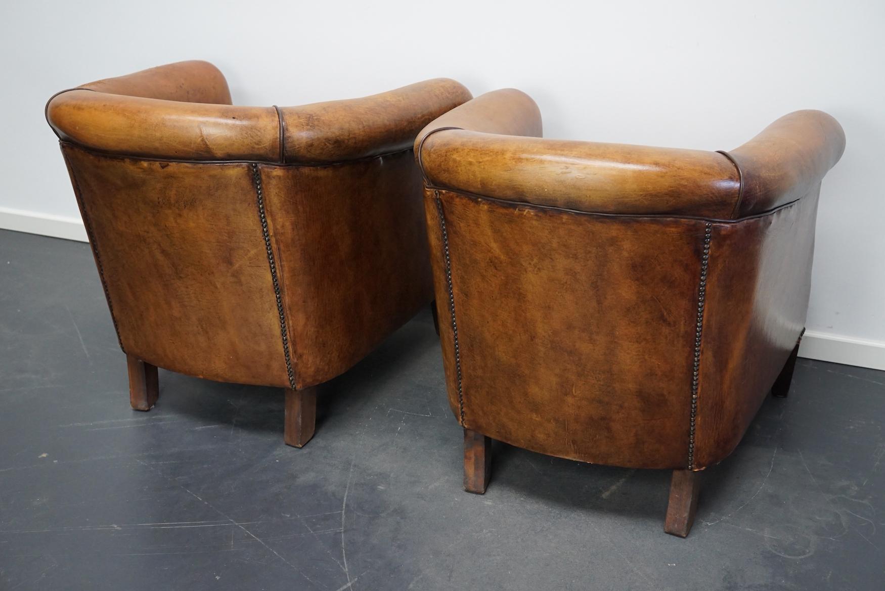 Industrial Vintage Dutch Cognac Leather Club Chairs, Set of 2 with Footstool