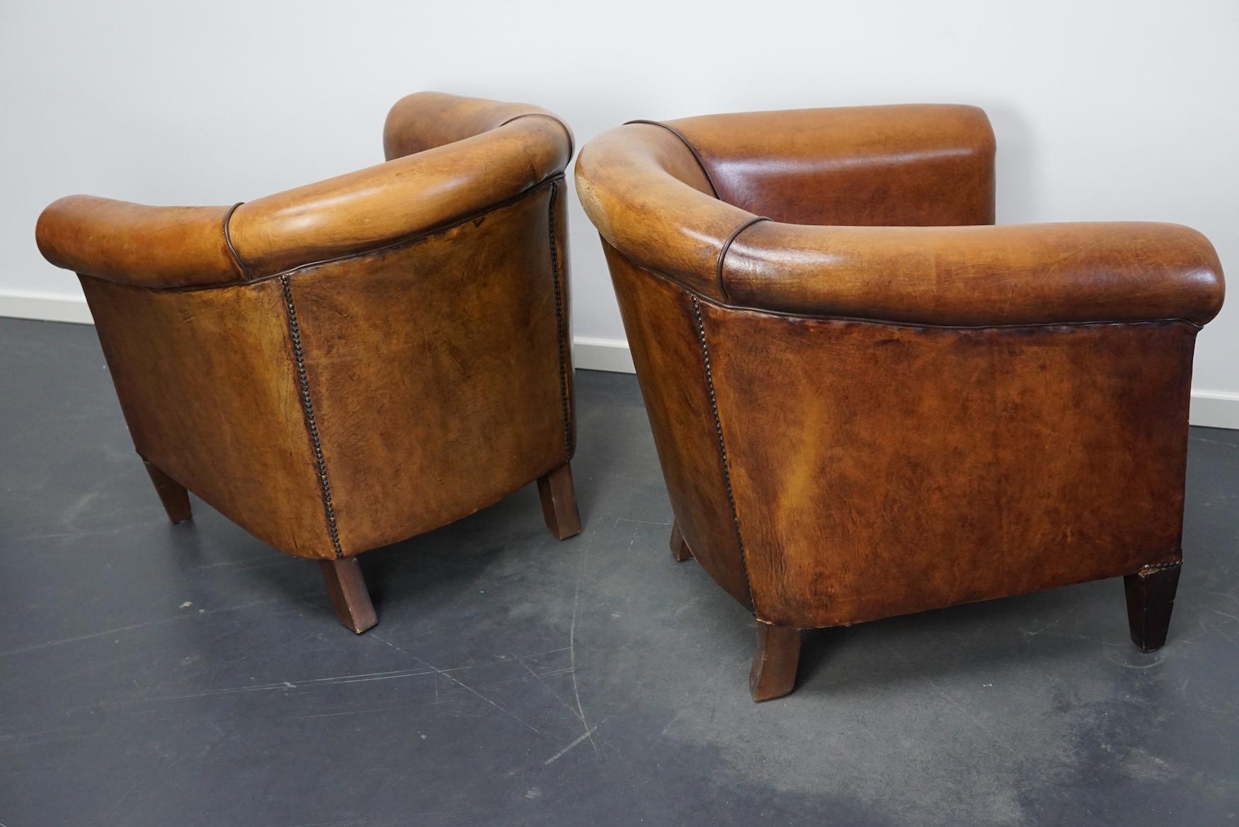 Vintage Dutch Cognac Leather Club Chairs, Set of 2 with Footstool In Good Condition In Nijmegen, NL