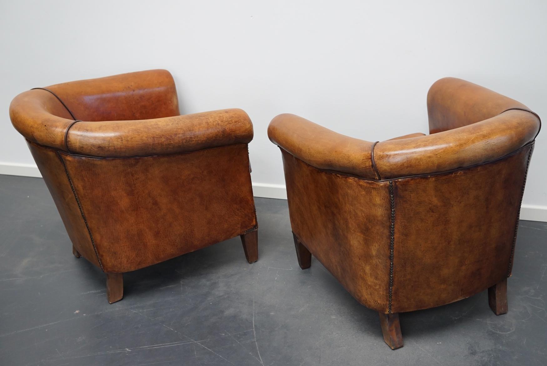 Late 20th Century Vintage Dutch Cognac Leather Club Chairs, Set of 2 with Footstool