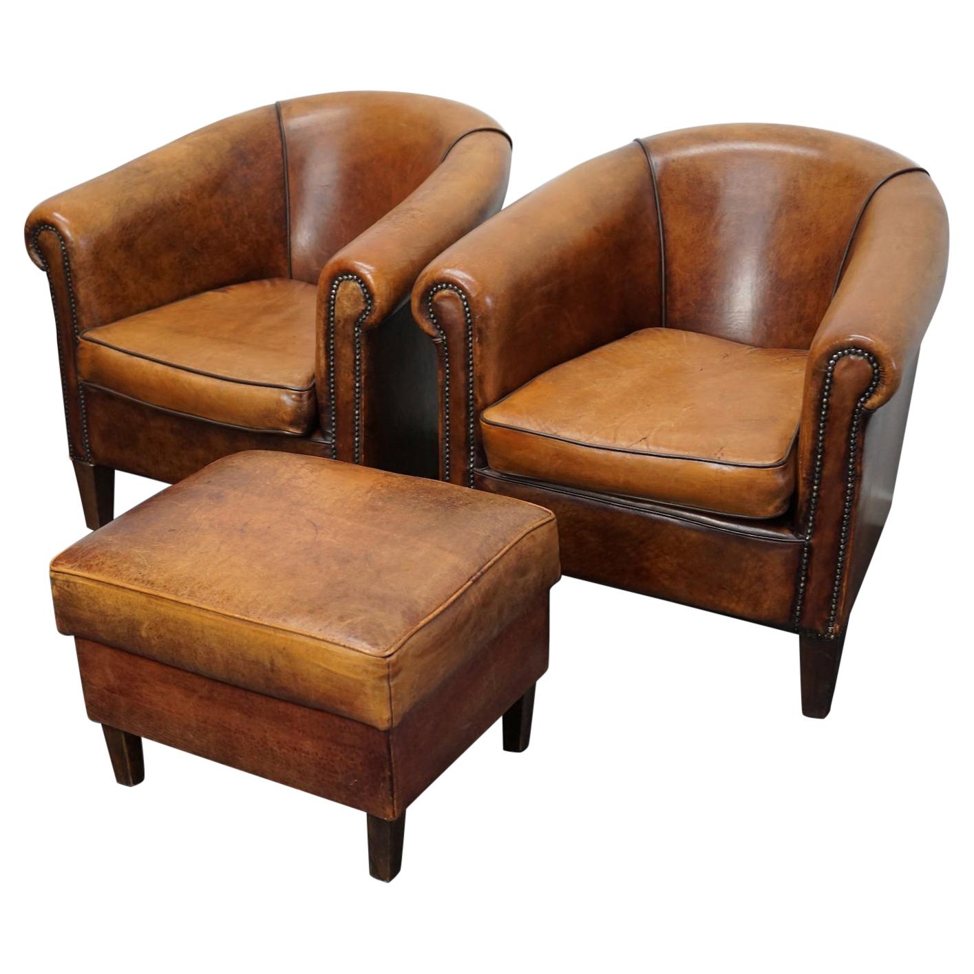 Vintage Dutch Cognac Leather Club Chairs, Set of 2 with Footstool