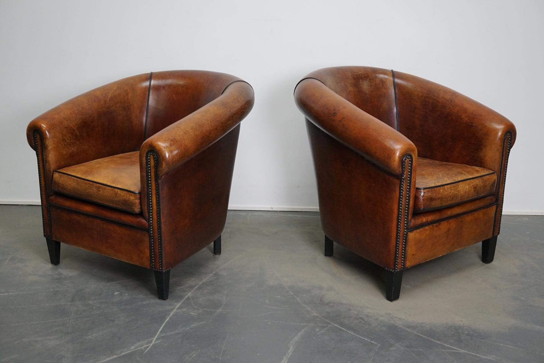 Vintage Dutch Cognac Leather Club Chairs, Set of 2 with Hocker 8