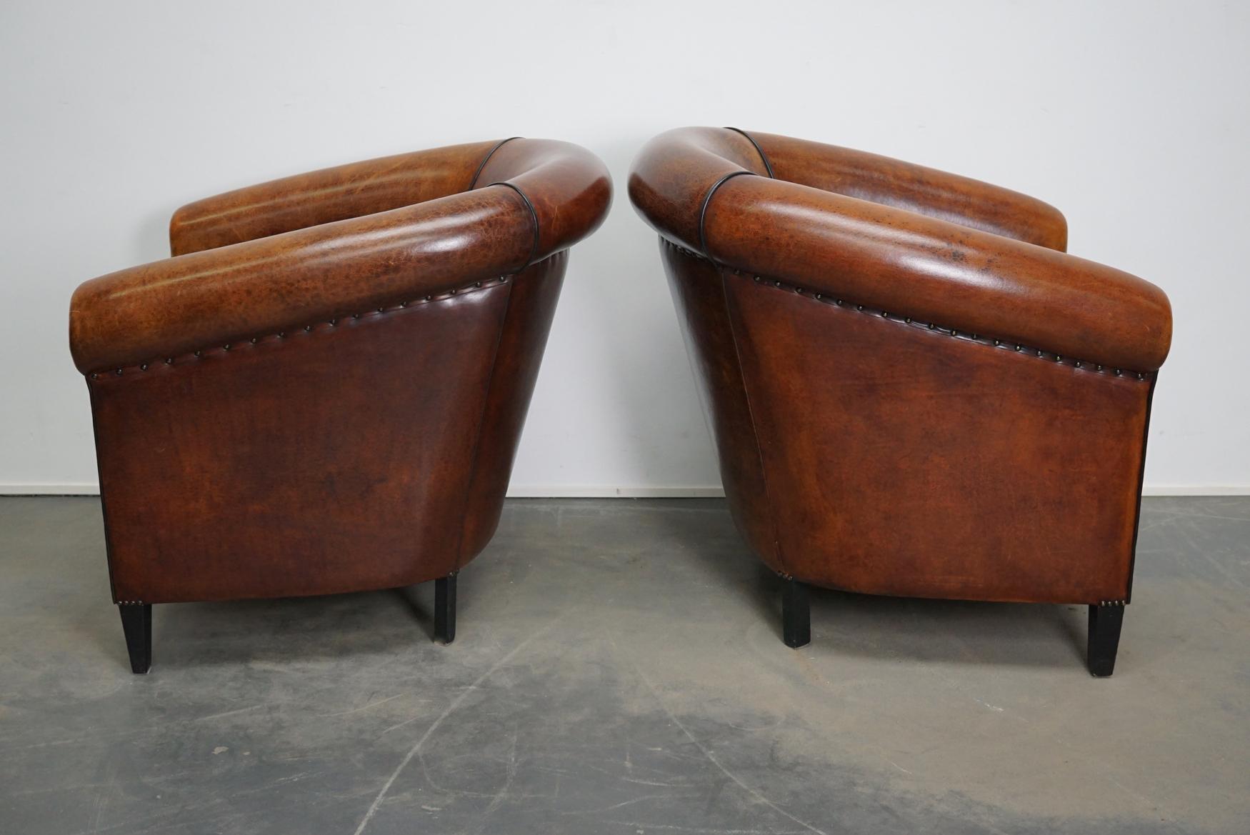 Vintage Dutch Cognac Leather Club Chairs, Set of 2 with Hocker 11