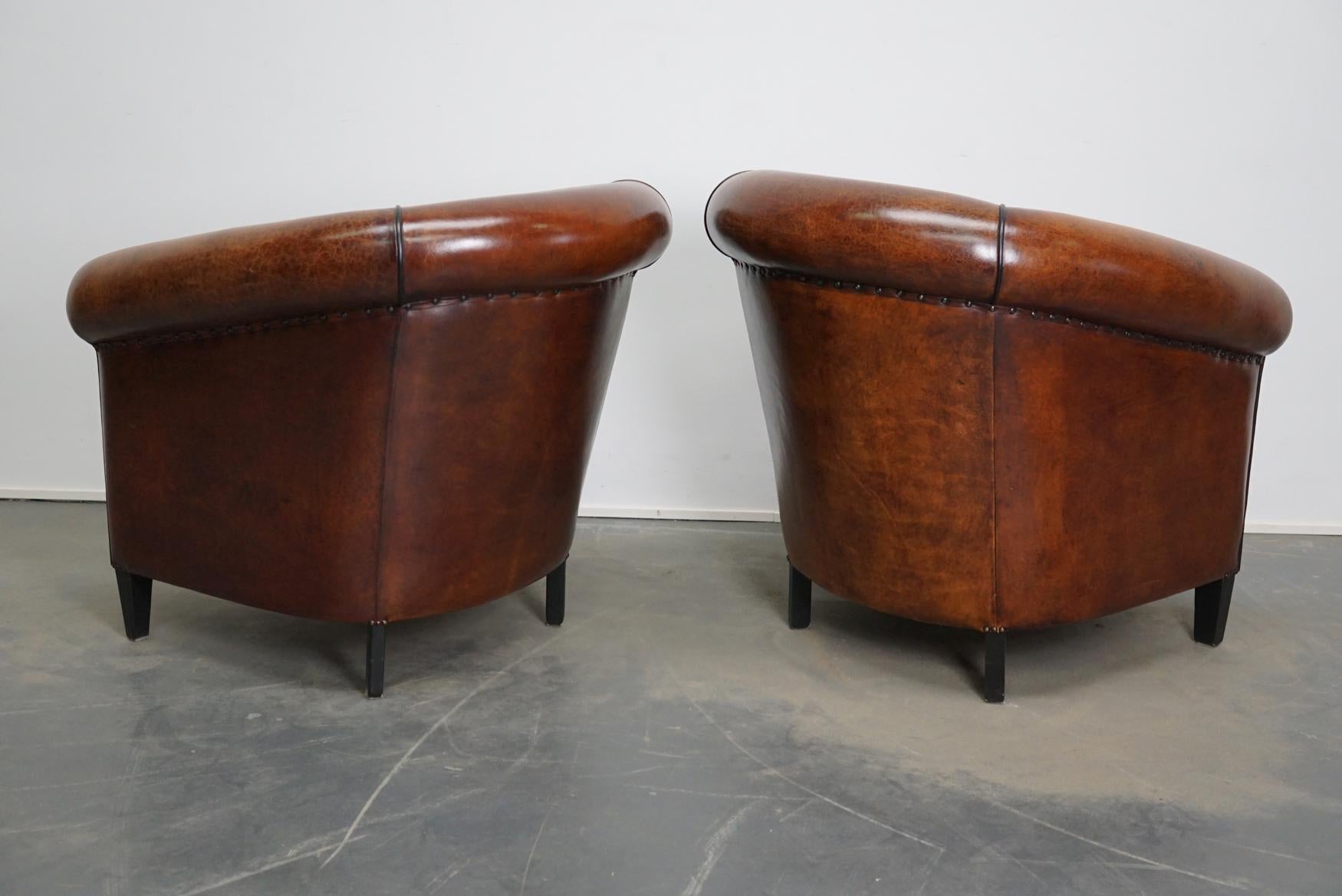 Vintage Dutch Cognac Leather Club Chairs, Set of 2 with Hocker 14