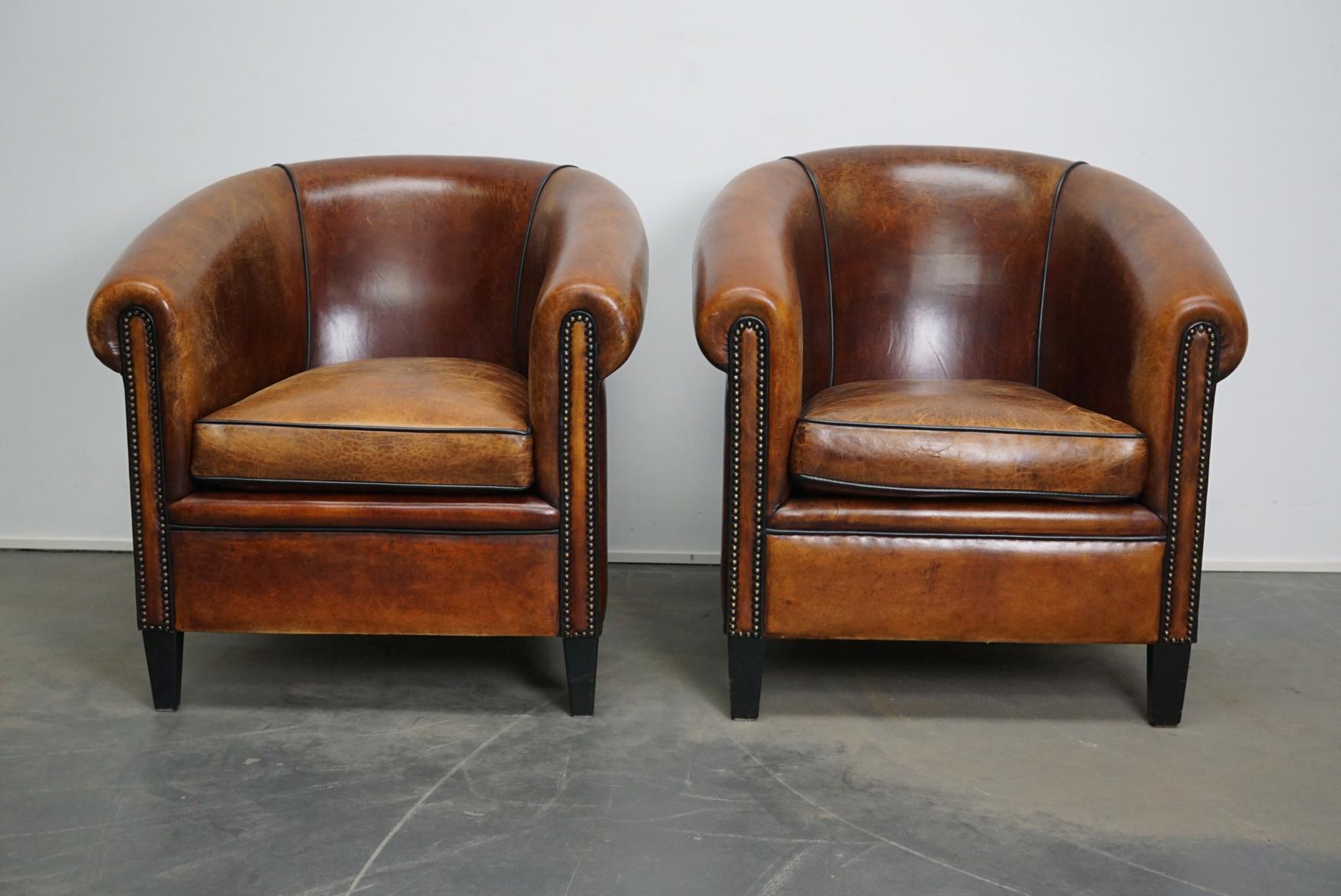 Vintage Dutch Cognac Leather Club Chairs, Set of 2 with Hocker In Good Condition In Nijmegen, NL